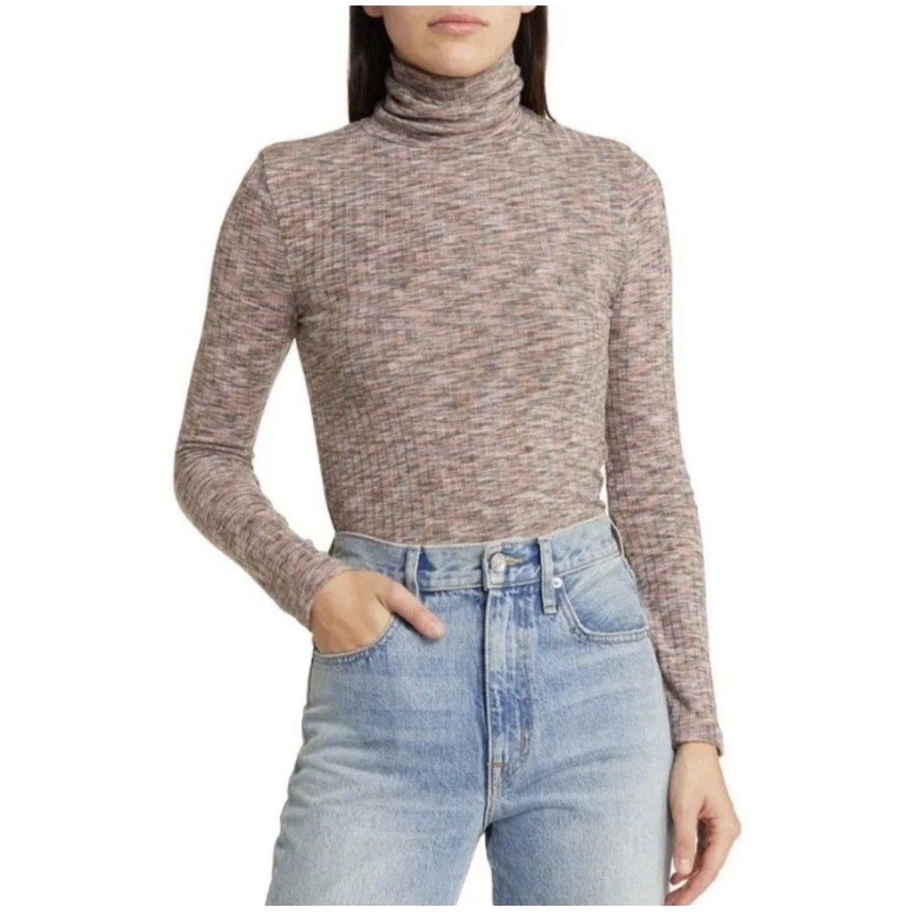 Madewell Space Dye Knit Crop Turtleneck Top Size S Ribbed Woodrose Long Sleeve